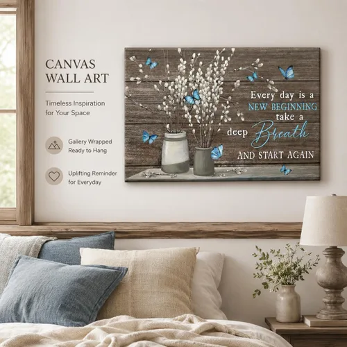 Vista 2 de Arte de pared de lienzo para baño estilo granja, vintage, rústico, país, flor, mariposa azul, pintura, imagen, decoración de pared, Cada día es un