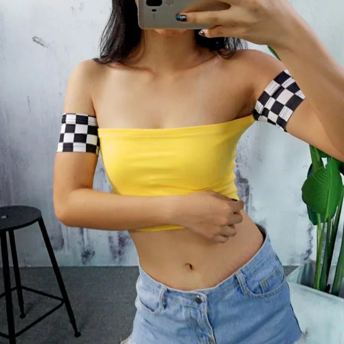 Vista 2 de Women's Plaid Printed T-Shirt Harajuku Kawaii Short SleeveOff Shoulder Crop Top