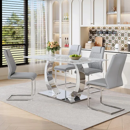 Vista 24 de Juego de mesa de comedor de mármol para 4, moderna mesa de oro blanco de 63 pulgadas con patas de marco de forma intercambiable y sillas de comedor