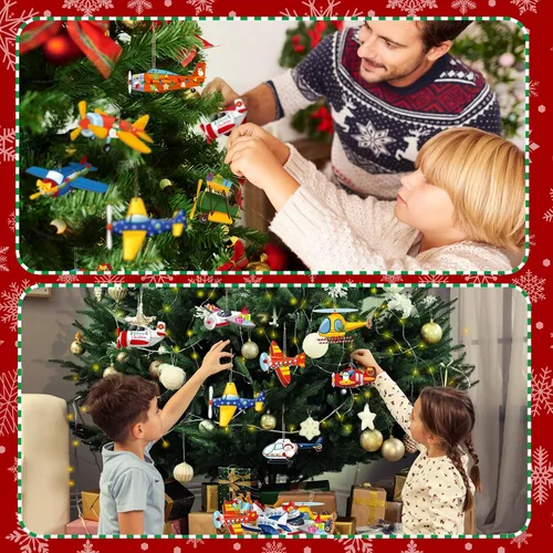 Vista 5 de Pinkunn Juego de 36 adornos colgantes de Navidad para vehículos, adornos de madera para transporte, regalos temáticos para decoración del árbol