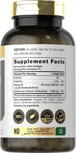 Vista 2 de Carlyle Calcio 1200 mg con vitamina D3 300 cápsulas blandas Suplemento sin OMG y sin gluten