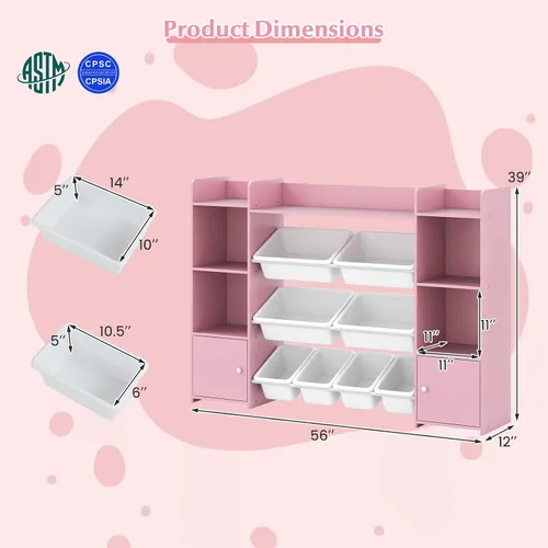 Vista 3 de HONEY JOY Organizador de almacenamiento de juguetes para niños, armario de almacenamiento de piso de madera con 8 contenedores extraíbles, estante