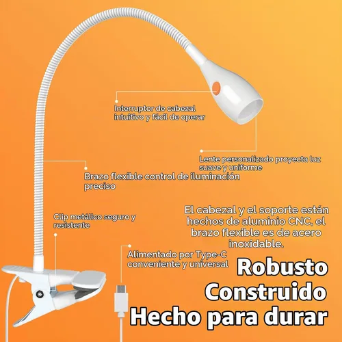 Vista 7 de acegoo Luz de lectura minimalista para cabecero de cama, lámpara de clip blanca regulable con adaptador USB-C, cuello flexible y práctico