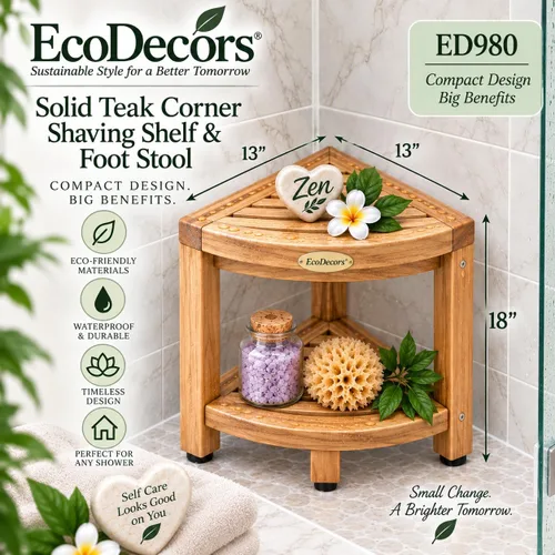 Vista 7 de Esquinero earthyteak ™. Totalmente montado. Esquinero de 2 niveles, de teca compacta. Banco de pie para ducha con estante. Almacenamiento