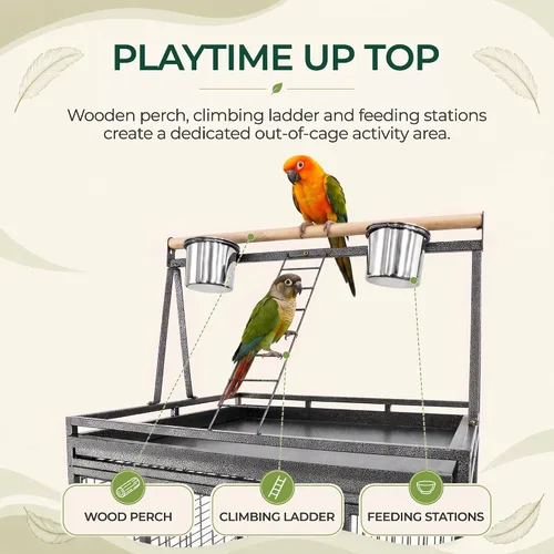 Vista 9 de ZENY Jaula de 68 pulgadas para pájaros con parte superior para jugar, jaula de loro de hierro forjado con soporte móvil, casa resistente