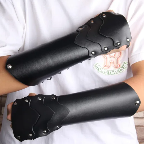 Vista 6 de JAOYU Brazaletes de cuero para hombre, armadura de brazo, brazalete de guantelete, brazaletes medievales, joyería vikinga para mujer, disfraz