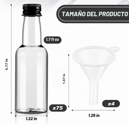 Vista 2 de Tessco for you Paquete de 75 botellas de licor de plástico de 1.7 onzas con tapa negra, botellas vacías de plástico de 1.7 onzas líquidas de alcohol