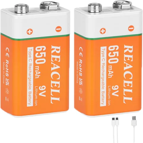 Vista 9 de Paquete de 2 baterías de litio recargables de 9 V, baterías de 9 voltios para detector de humo, carga USB de 800 mAh 9 V para micrófonos