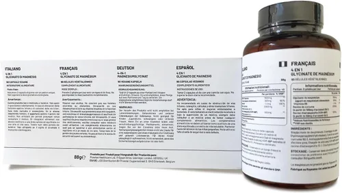 Vista 6 de Glicinato de magnesio 4 en 1 añadido con Ashwagandha KSM-66, cúrcuma y vitamina B6 90 cápsulas veganas 4,001 mg por porción Cápsula fácil