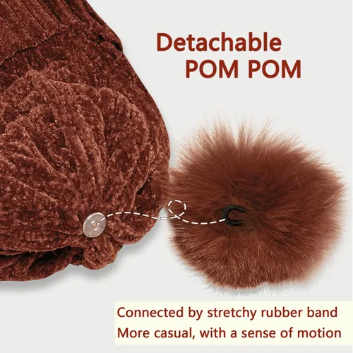 Vista 5 de KIDPAPA Gorro de invierno para mujer con forro polar suave cálido gorro de punto con pompón