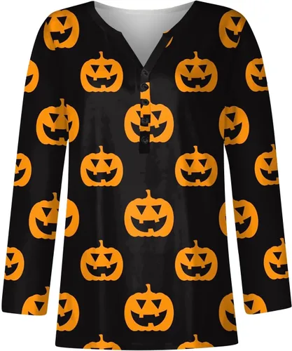 Vista 2 de Atuendos de otoño para mujer, a la moda, casual, cuello en V, manga larga, estampado de Halloween, con botones