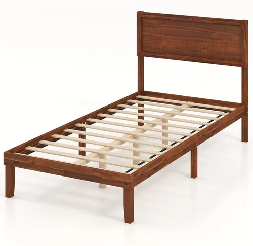 Vista 9 de KOMFOTT Base de cama de madera tamaño twin con cabecero, base de cama de plataforma de madera de acacia sólida, base de cama soportada por listones
