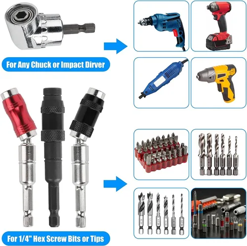 Vista 5 de 3 unids 1/4" Magnetic Pivot Drill Tip Holder 105° Adaptador de taladro de ángulo recto Extensión Destornillador de impacto flexible en ángulo de 20°
