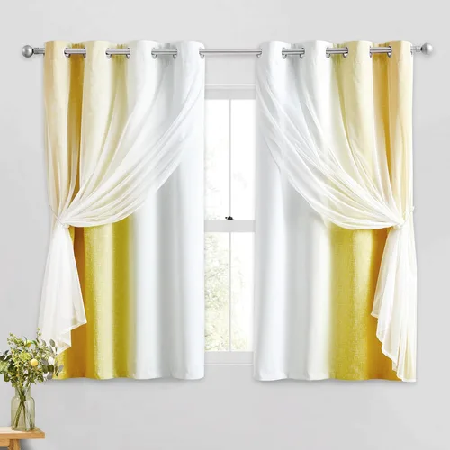 Vista 14 de Cortinas 100% opacas con superposición de gasa Mix and Match de doble capa, 54 pulgadas de largo, 2 paneles para dormitorio y sala de estar, azul