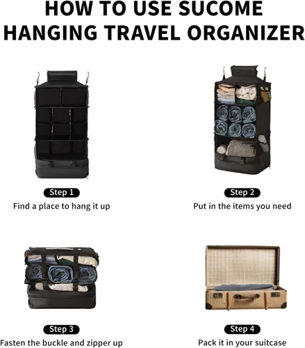 Vista 7 de SUCOME Cubos de embalaje colgantes para viajes, bolsas organizadoras de viaje con bolsa de aseo transparente, organizador plegable de maleta