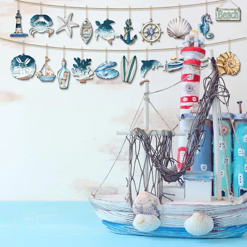 Vista 6 de 20 adornos de metal oceánico oceánico costero de navegación náutica para árbol, estrellas de mar, caballito de mar, tortuga, decoraciones colgantes