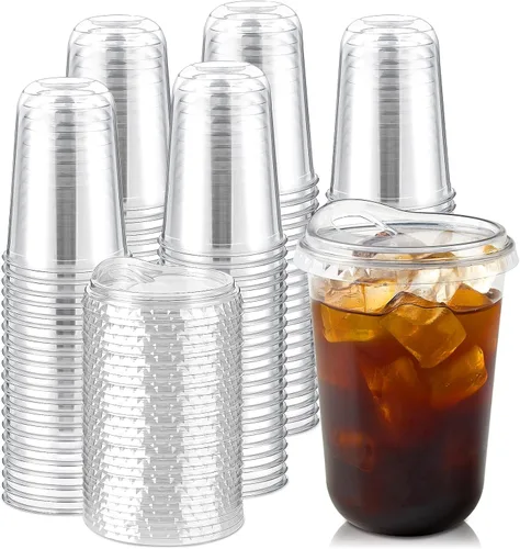 Vista 9 de Tazas de plástico transparentes con fondo redondo y tapas con orificio, 25 juegos, tazas de café helado desechables de 16 oz con tapas sin pajita