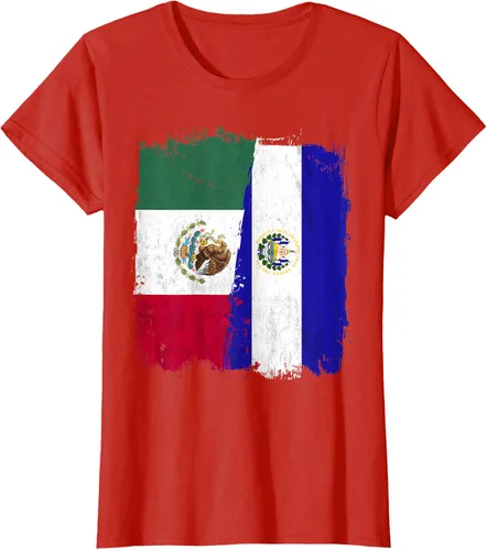 Vista 77 de Camiseta con la bandera mexicana de El Salvador con la mitad de la bandera mexicana de El Salvador