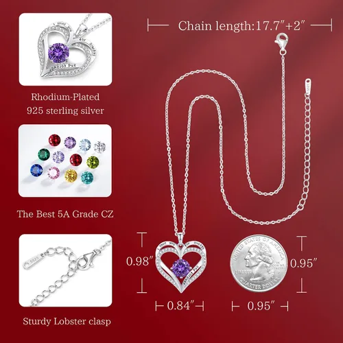 Vista 6 de LOUISA SECRET Love Heart Birthstone Necklaces for Women, 925 Sterling Silver Women Pendant Necklace, Mothers Day Birthday Anniversary Jewelry Gift