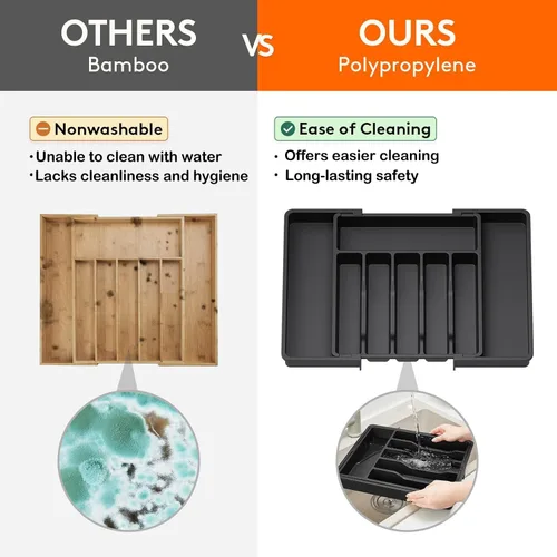 Vista 4 de Organizador de cajones de cubiertos, organizador de utensilios profundos expandible para cajones de cocina (13-22.4 x 15 pulgadas, negro)