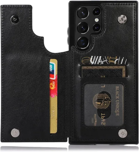 Vista 5 de Asuwish Funda para Samsung Galaxy S22 Ultra con protector de pantalla de vidrio templado, funda de cuero con soporte para tarjetas, doble cierre