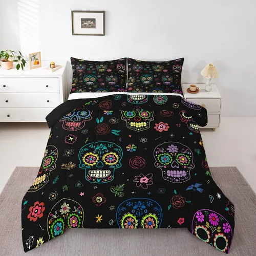 Vista 3 de Manfei Juego de edredón de calavera de azúcar para niños, juego de ropa de cama con temática de calaveras de Halloween, ropa de cama de estilo Azul