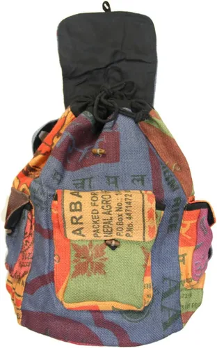 Vista 2 de DharmaObjects Lungta - Mochila reciclada de yute para arroz, hecha a mano, Nepal, multicolor