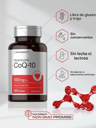 Vista 5 de Horbäach Cápsulas blandas CoQ10 de 100 mg 120 unidades Suplemento sin OMG y sin gluten