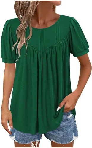 Vista 21 de Blusas para mujer, elegantes, casuales, de verano, de manga corta, plisadas, holgadas, suaves, cómodas, de moda a01 blanco