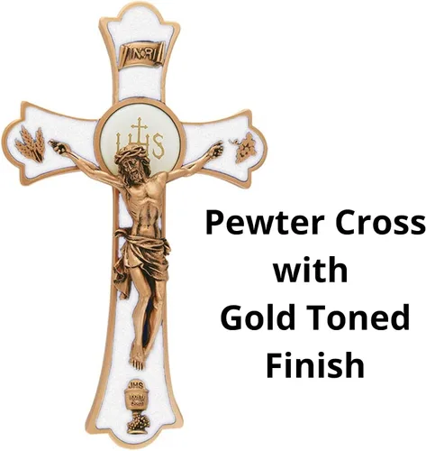 Vista 3 de Jeweled Cross First Communion Holy Mass Crucifix con cruz de pared de cáliz, 8 pulgadas de altura, tono dorado y blanco, epoxi