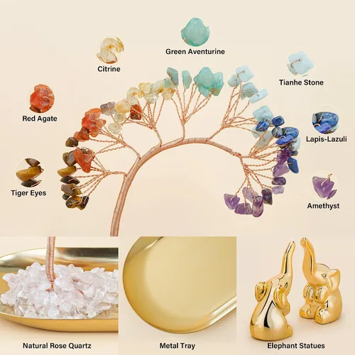 Vista 2 de ZenBless Árbol de Cristal Curativo de 7 Chakras de Cerámica Un Par Decoración de Elefante Regalos de Elefante para Mujeres, Estatuas de Elefantes