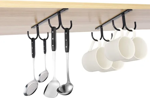 Vista 7 de MOCOUM Estante organizador rústico para tazas debajo del gabinete, soporte para tazas debajo del estante, ganchos colgantes para tazas, tazas