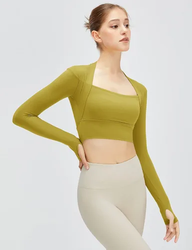 Vista 5 de Micoson Camisetas de entrenamiento para mujer, camisetas de manga larga para gimnasio, camiseta de compresión atlética de yoga con agujero