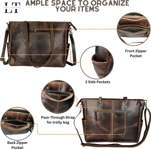 Vista 5 de LUXI TREASURE Leather Laptop Tote bag Brown color 16 INCH Ladies Messenger bag Ladies Handbag Shoulder Bag Purse