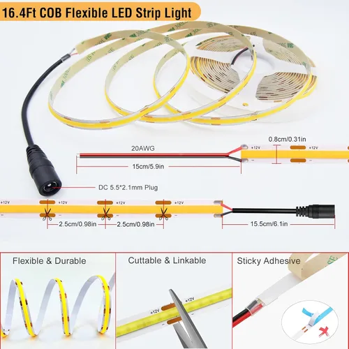 Vista 6 de Kit de tira de luces LED de mazorca blanca cálida regulable con control remoto RF y fuente de alimentación UL 12V 3000K CRI93+ sin puntos oscuros