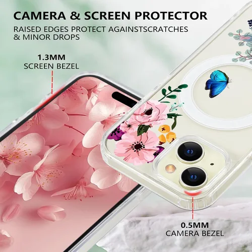 Vista 5 de Funda magnética de flores para iPhone 15 [compatible con MagSafe] Bonito patrón floral transparente a prueba de golpes