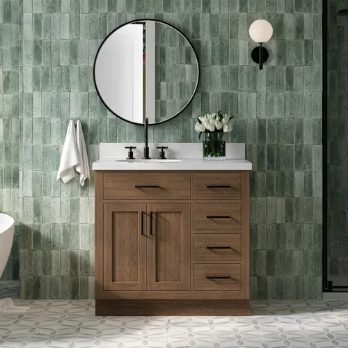 Vista 80 de ARIEL Hepburn - Tocador de baño de 30 pulgadas con fregadero, madera maciza, encimera y protector contra salpicaduras de cuarzo blanco puro de 1.5