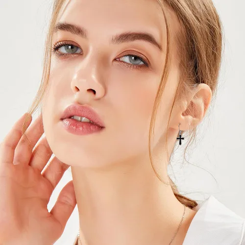 Vista 2 de Aretes de cruz de plata de ley 925 con cruz colgantes, regalos para mujer