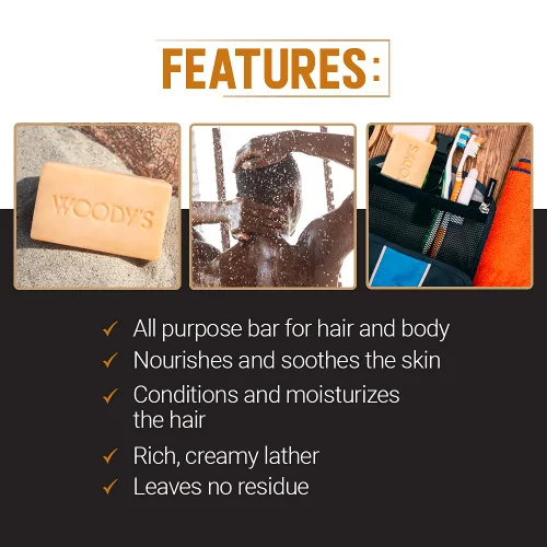 Vista 4 de Woody's Barra de champú 2 en 1 para hombre para cabello y cuerpo, fórmula rica y gruesa, acondiciona, nutre, hidrata, para todo tipo de piel, 8 onzas