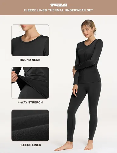 Vista 6 de TSLA Conjunto de ropa interior térmica para mujer, vellón suave, pantalones largos, primera capa cálida para invierno, parte superior e inferior