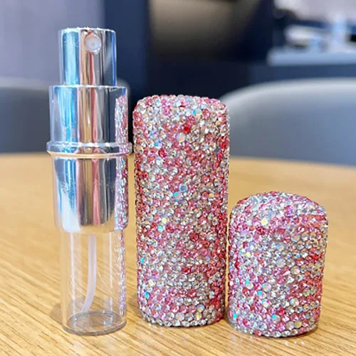 Vista 6 de Atomizador de perfume portátil para viajes, con diamantes de imitación de 0.3 fl oz, recargable, mini botella de perfume recargable, fácil de Azul