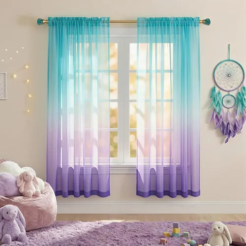 Vista 13 de Cortinas rosas y verdes para decoración de dormitorio de sirena, juego de 1 panel transparente, con bolsillo para barra, cortinas de sirena