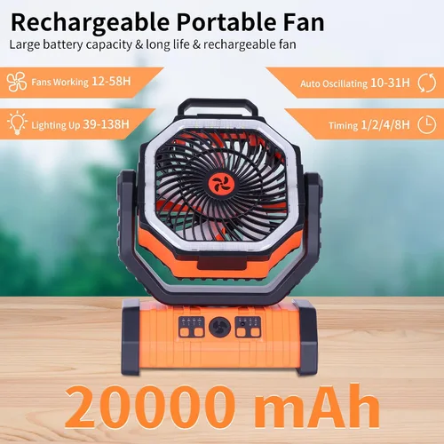 Vista 2 de Ventilador de emergencia de 20000 mAh y luz LED, ventilador recargable con batería para corte de energía, descongelación de automóviles, uso