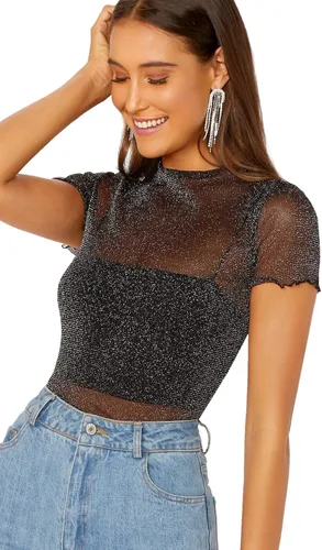Vista 4 de SheIn - Blusa de manga corta con brillantina malla transparente y ribete de lechuga para mujer