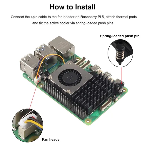 Vista 4 de ZDE ZP536 Enfriador activo para Raspberry Pi 5 disipador de calor de aluminio soplador controlado por temperatura PWM Ventilador de refrigeración