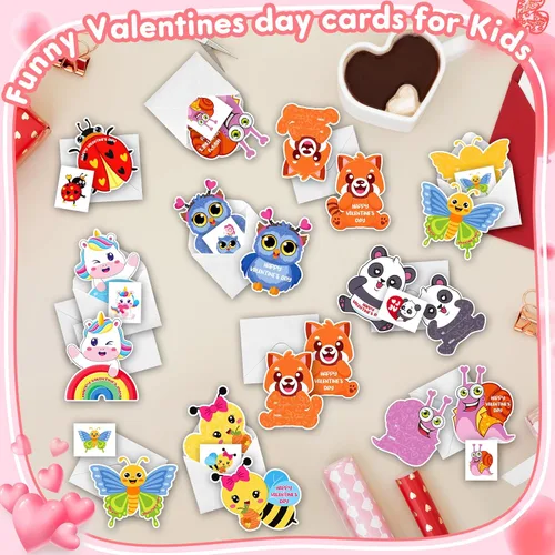Vista 4 de Mczan Paquete de 32 tarjetas de San Valentín para el aula de niños, tarjetas de San Valentín de animales con sobres de tatuajes, tarjetas