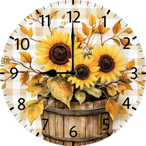 Vista 10 de Reloj de pared de madera de girasol, relojes de pared de granja, funciona con pilas, reloj de pared analógico de 10 pulgadas, reloj de pared