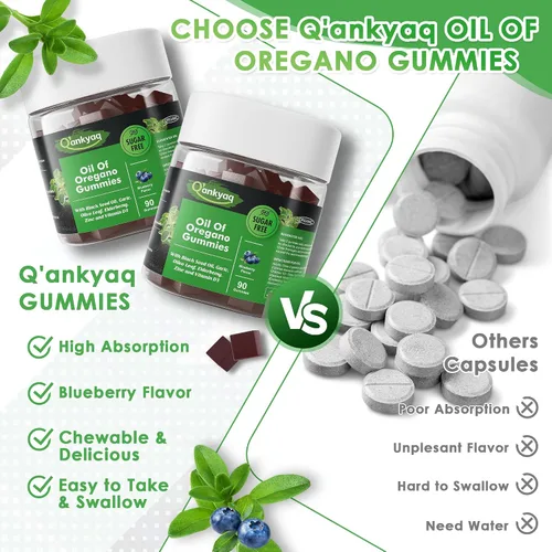 Vista 4 de Gomitas orgánicas de aceite de orégano con aceite de semilla negra para niños y adultos Suplemento de aceite de orégano 6 en 1 Carvacrol +