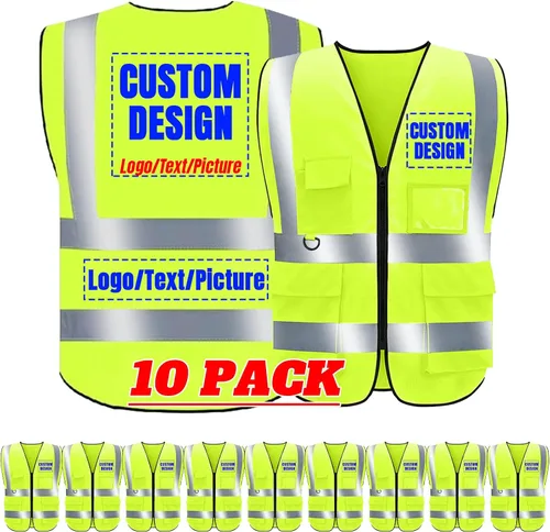 Vista 13 de BeautyWill Chaleco de seguridad con logotipo personalizado Class2 Chaleco reflectante de alta visibilidad con bolsillos y cremallera chaleco