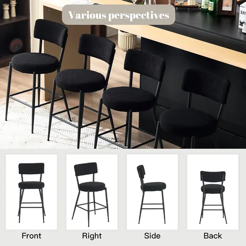 Vista 6 de Juego de 2 taburetes de bar tapizados de tela de peluche con respaldo, sillas de bar de comedor tapizadas modernas con patas de metal y reposapiés